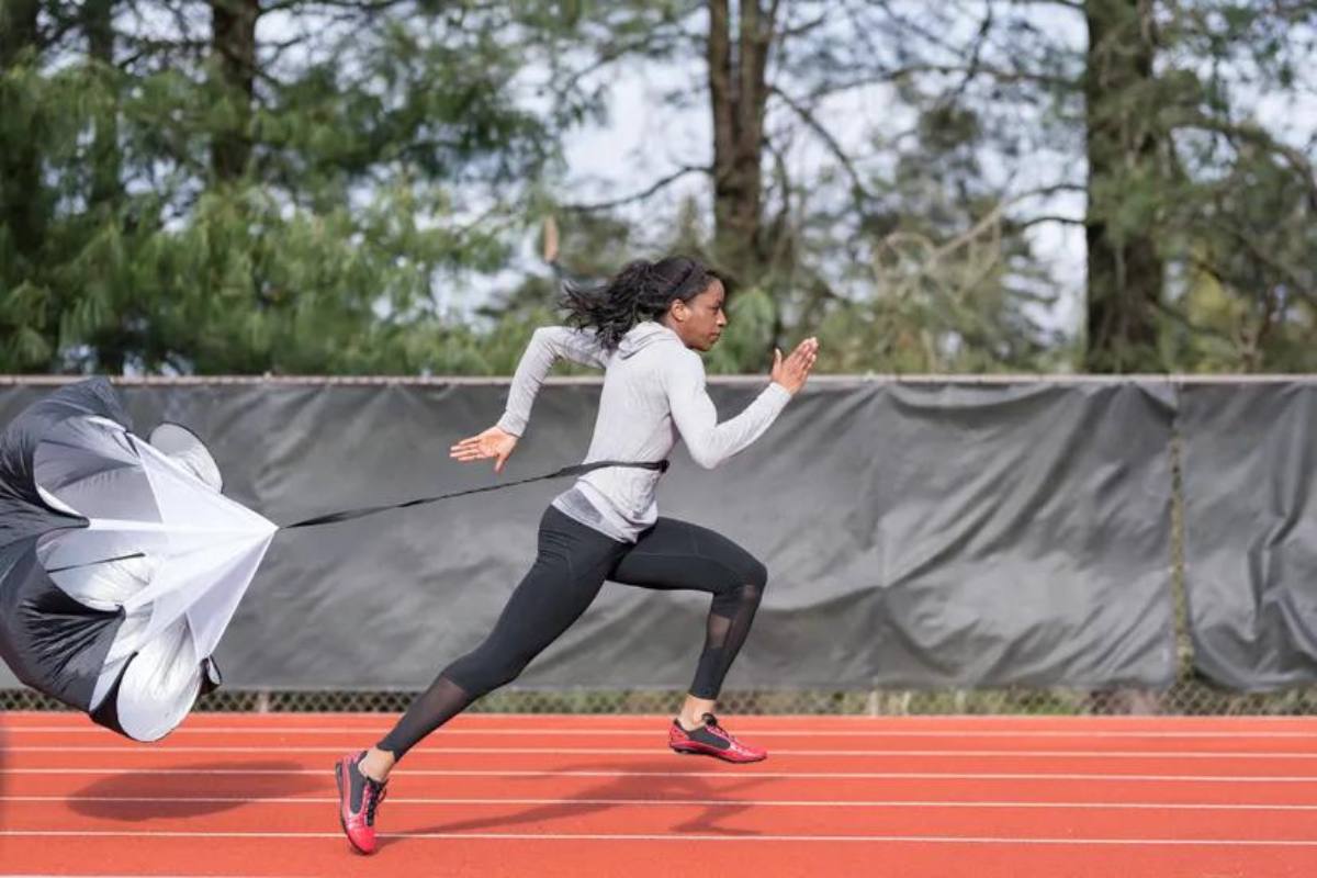 A female is engaged in parachute speed training