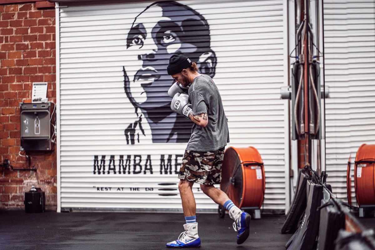 Man boxer in daily training routine